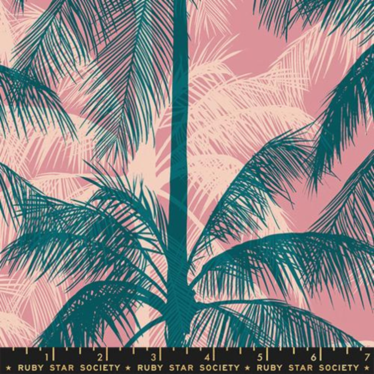 Ruby Star Society featuring a "Poolside Palms" motif. Dark peacock green palm fronds overlap with light pink and cream palm silhouettes on a dusty pink base.