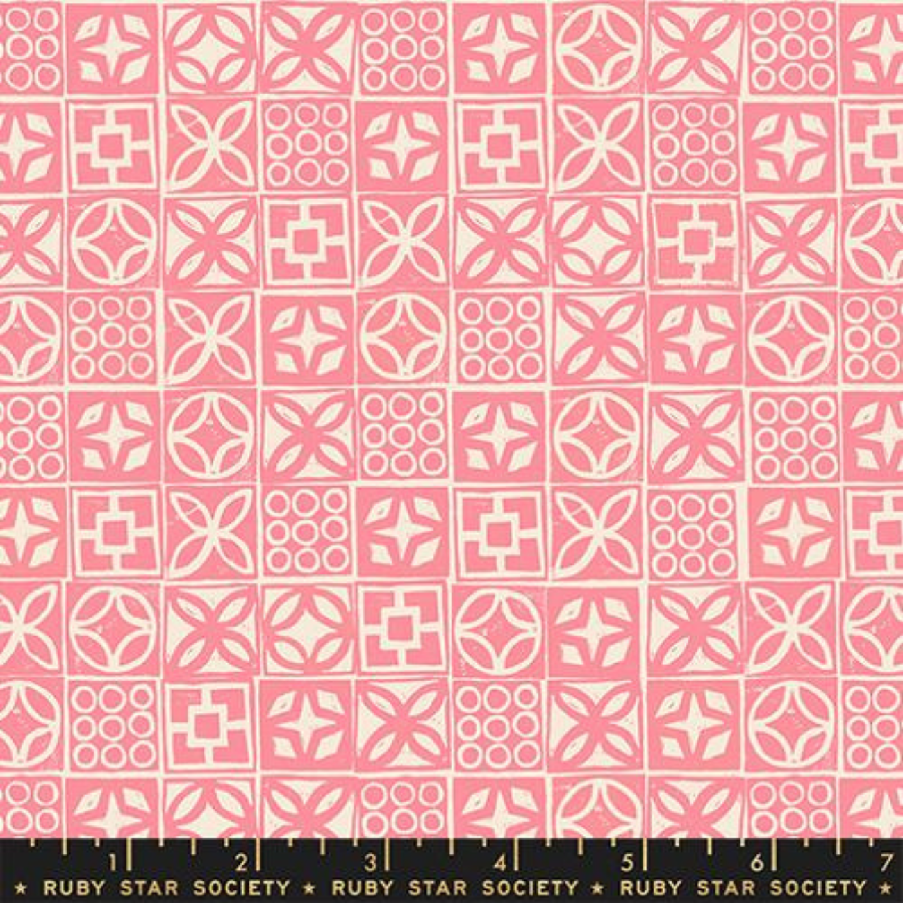Ruby Star Society Poolside Too cotton fabric with Architectural Blocks print in Pink and Cream.