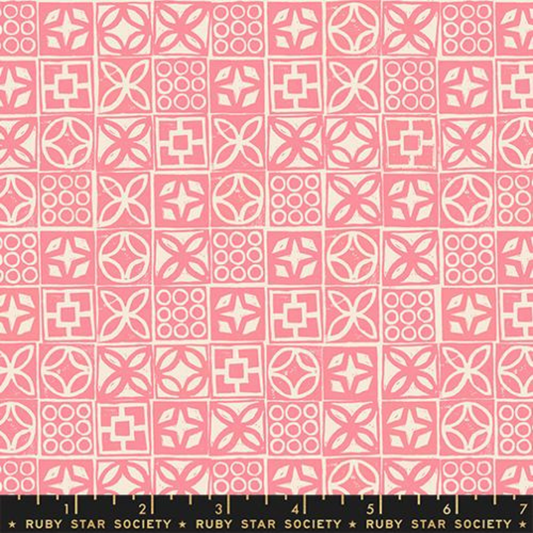 Ruby Star Society Poolside Too cotton fabric with Architectural Blocks print in Pink and Cream.