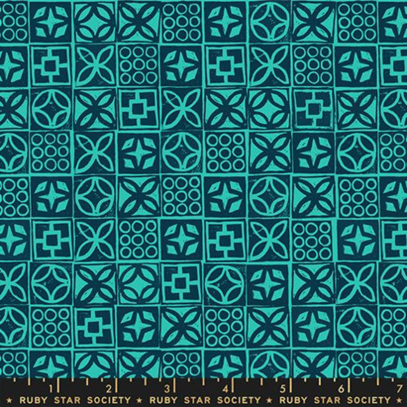 Ruby Star Society Poolside Too cotton fabric featuring Architectural Blocks in Turquoise and Peacock Turquoise.