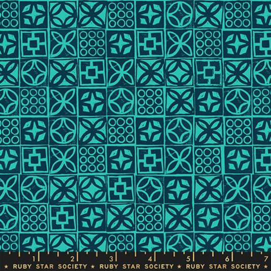 Ruby Star Society Poolside Too cotton fabric featuring Architectural Blocks in Turquoise and Peacock Turquoise.