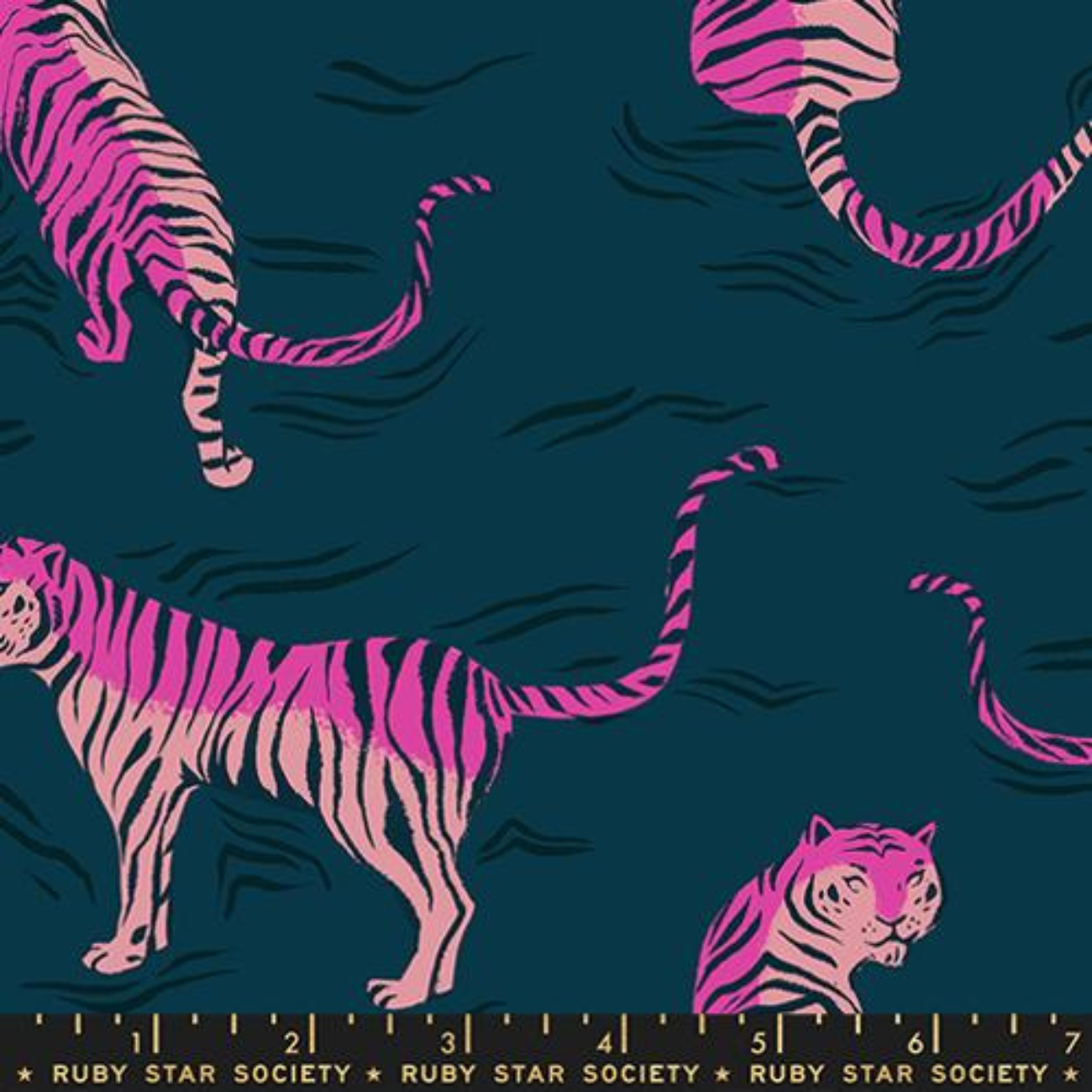 High-Quality Ruby Star Society Fabric with Pink and Yellow Tigers for Vibrant Sewing Projects.