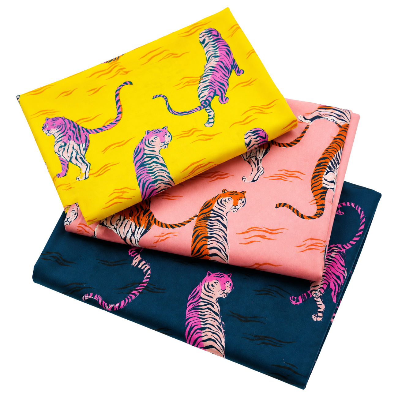 Tiger print cotton fabric Ruby Star Society, featuring retro-style striped tigers and abstract orange wave accents, shown in a close-up studio shoot. Perfect for quilting, sewing, apparel, and craft projects.