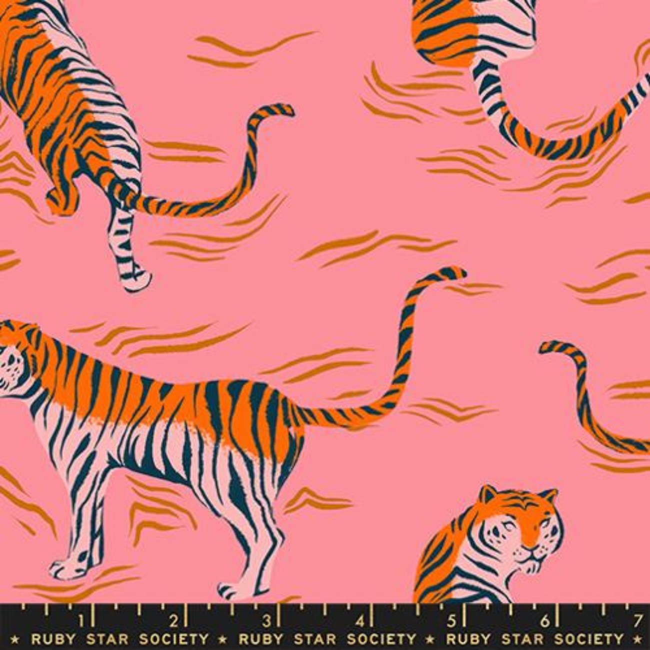 Rayon fabric Poolside Too Rayon Sorbet featuring orange and cream tigers on a pink background by Ruby Star Society