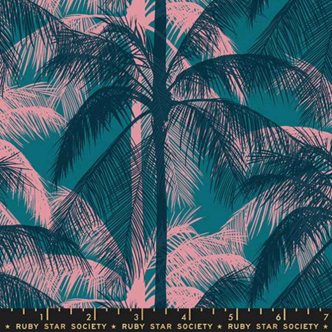 Ruby Star Society Poolside Too Storytime cotton fabric featuring overlapping tropical palm leaves in teal, navy, and blush pink tones, modern botanical designer fabric ideal for quilting, fashion sewing, accessories, and home décor crafts.