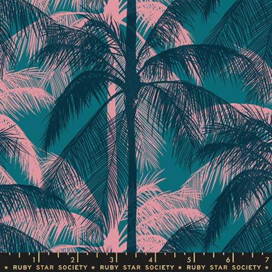 Ruby Star Society Poolside Too Storytime cotton fabric featuring overlapping tropical palm leaves in teal, navy, and blush pink tones, modern botanical designer fabric ideal for quilting, fashion sewing, accessories, and home décor crafts.