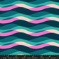 A modern quilting fabric from the Ruby Star Society Poolside Too collection. The design features a rhythmic, flowing "Poolside Waves" pattern with overlapping wavy lines in dark navy blue, peacock teal, vibrant pink, and soft peach.
