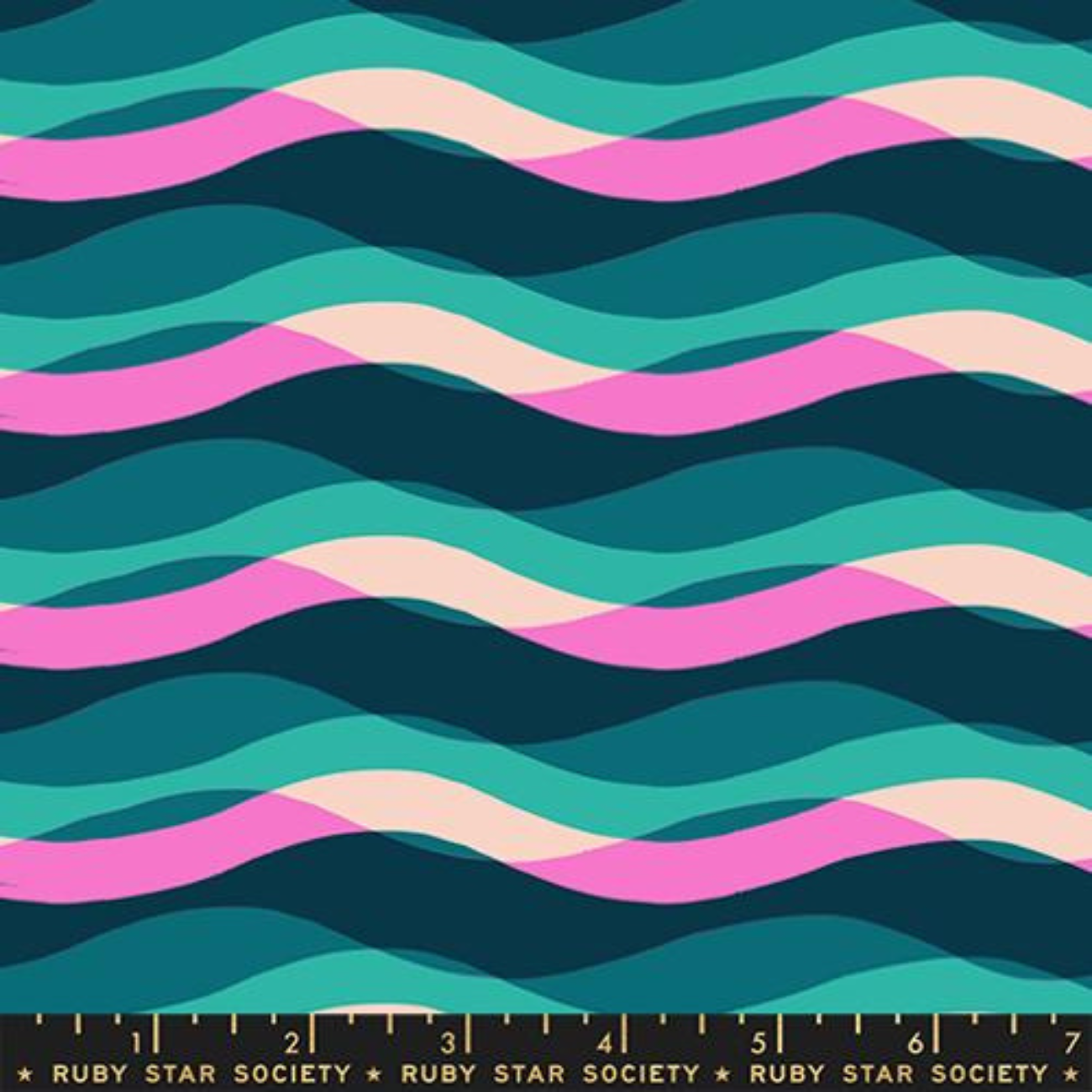 A modern quilting fabric from the Ruby Star Society Poolside Too collection. The design features a rhythmic, flowing "Poolside Waves" pattern with overlapping wavy lines in dark navy blue, peacock teal, vibrant pink, and soft peach.