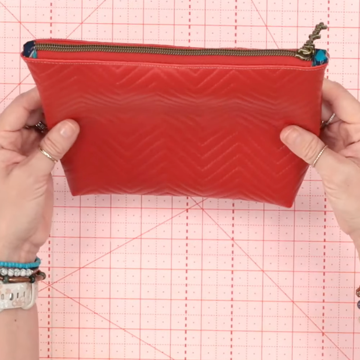 Pre-Quilted Red Chevron Vinyl for Bag Making