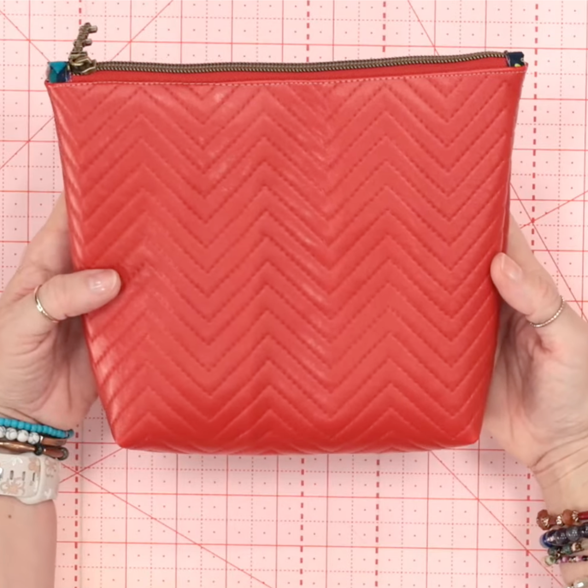 Pre-Quilted Red Chevron Vinyl for Bag Making