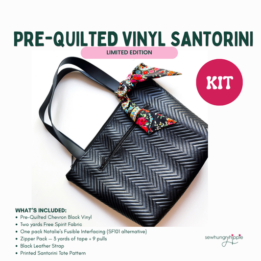 The image shows a Pre-Quilted Vinyl Santorini Kit from Sew Hungry Hippie, a DIY bag-making kit featuring a black chevron-quilted santorini tote.