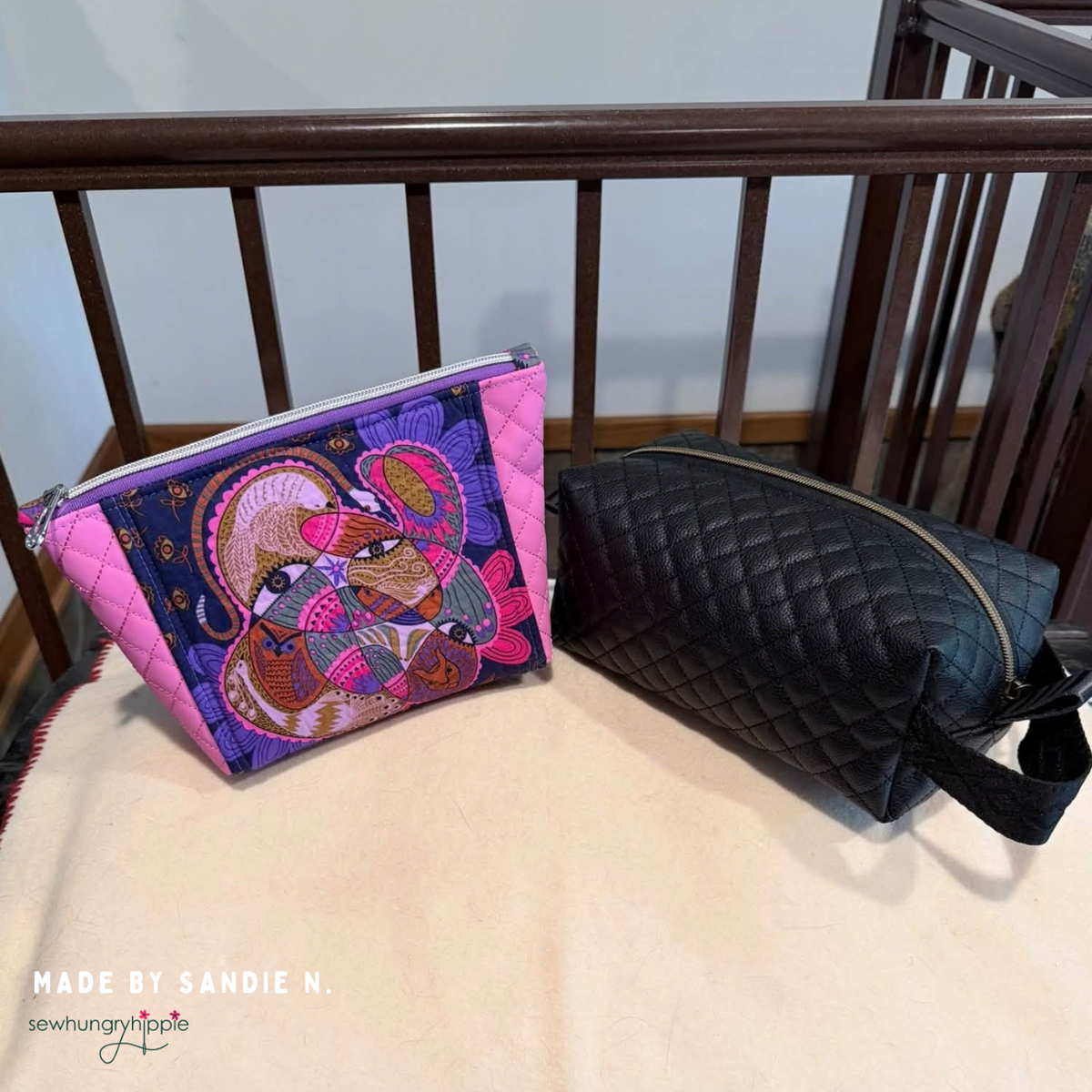 Pink character print pouch and black quilted vinyl boxy pouch