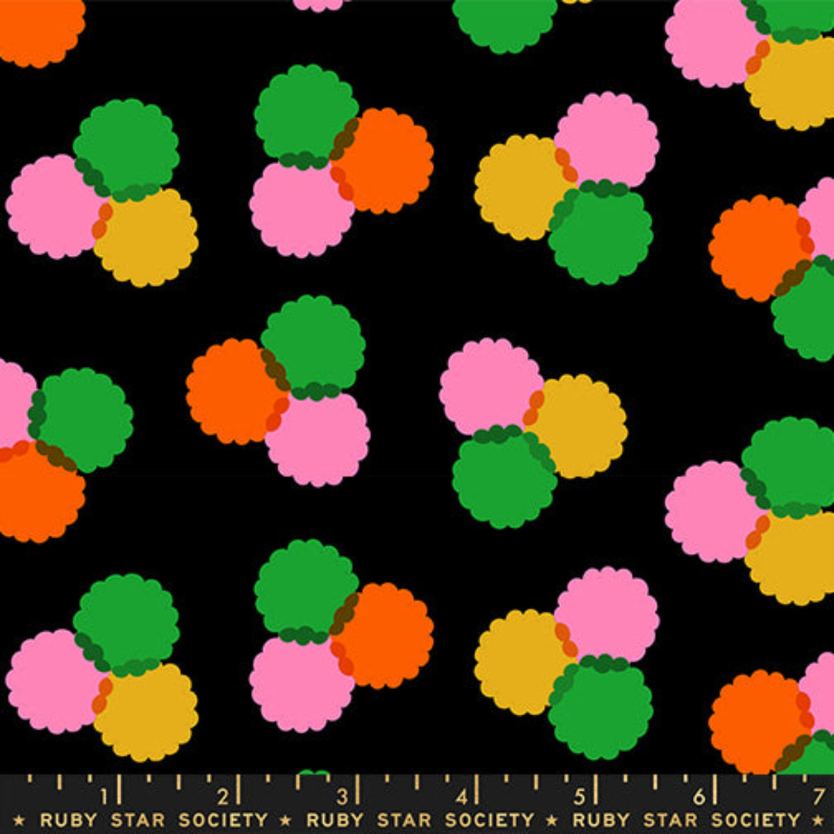 Red pink orange print in Black puff blender quilting cotton fabric from Sparkle Mart by Melody Miller