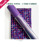 A fabric bundle featuring a folded cotton fabric with a colorful, modern geometric grid pattern, overlaid with a rolled piece of vibrant purple pebbled faux leather wrapped in clear plastic.