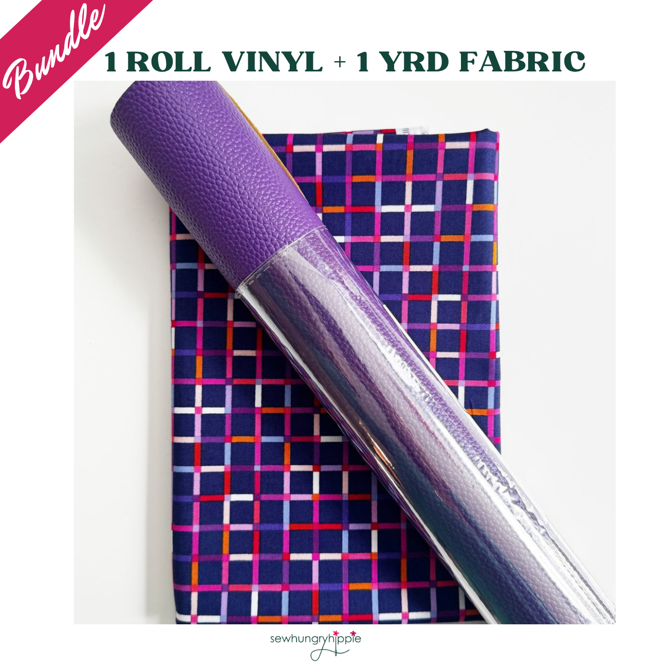 A fabric bundle featuring a folded cotton fabric with a colorful, modern geometric grid pattern, overlaid with a rolled piece of vibrant purple pebbled faux leather wrapped in clear plastic.