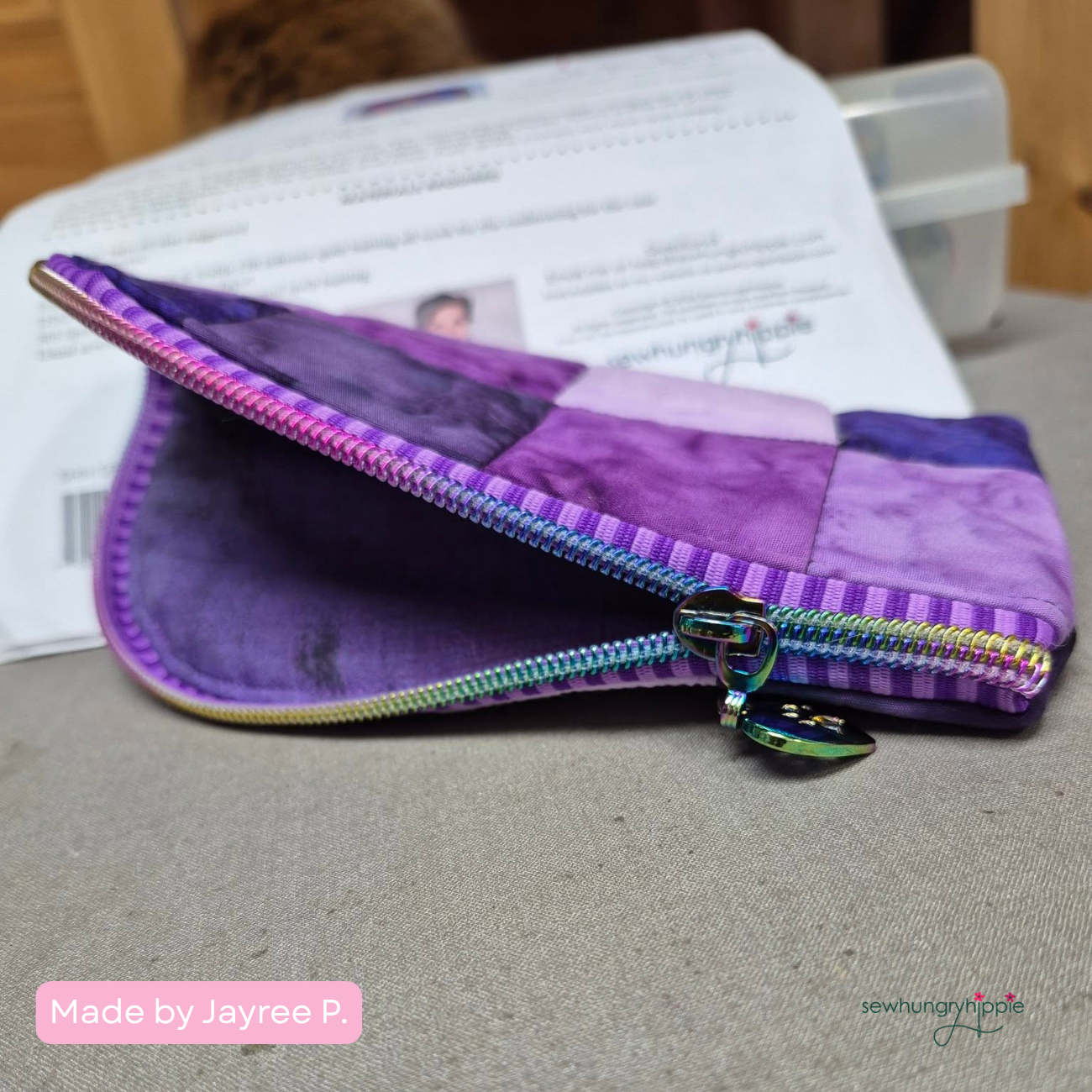 spec-case-by-sewhungryhippie-in-purple-quilted-fabric-with-two-tone-purple-striped-jacquard-woven-zipper-tape-rainbow-hardware.