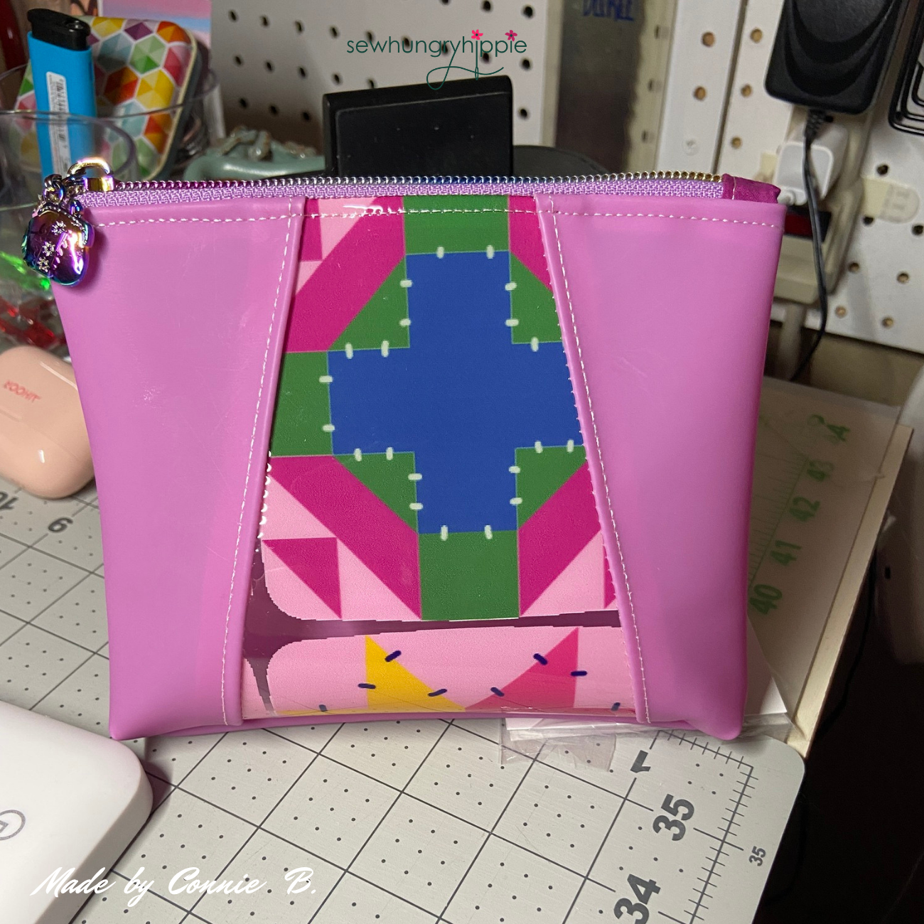 colorful purse using quilt block print on ultra smooth clear TPU vinyl fabric