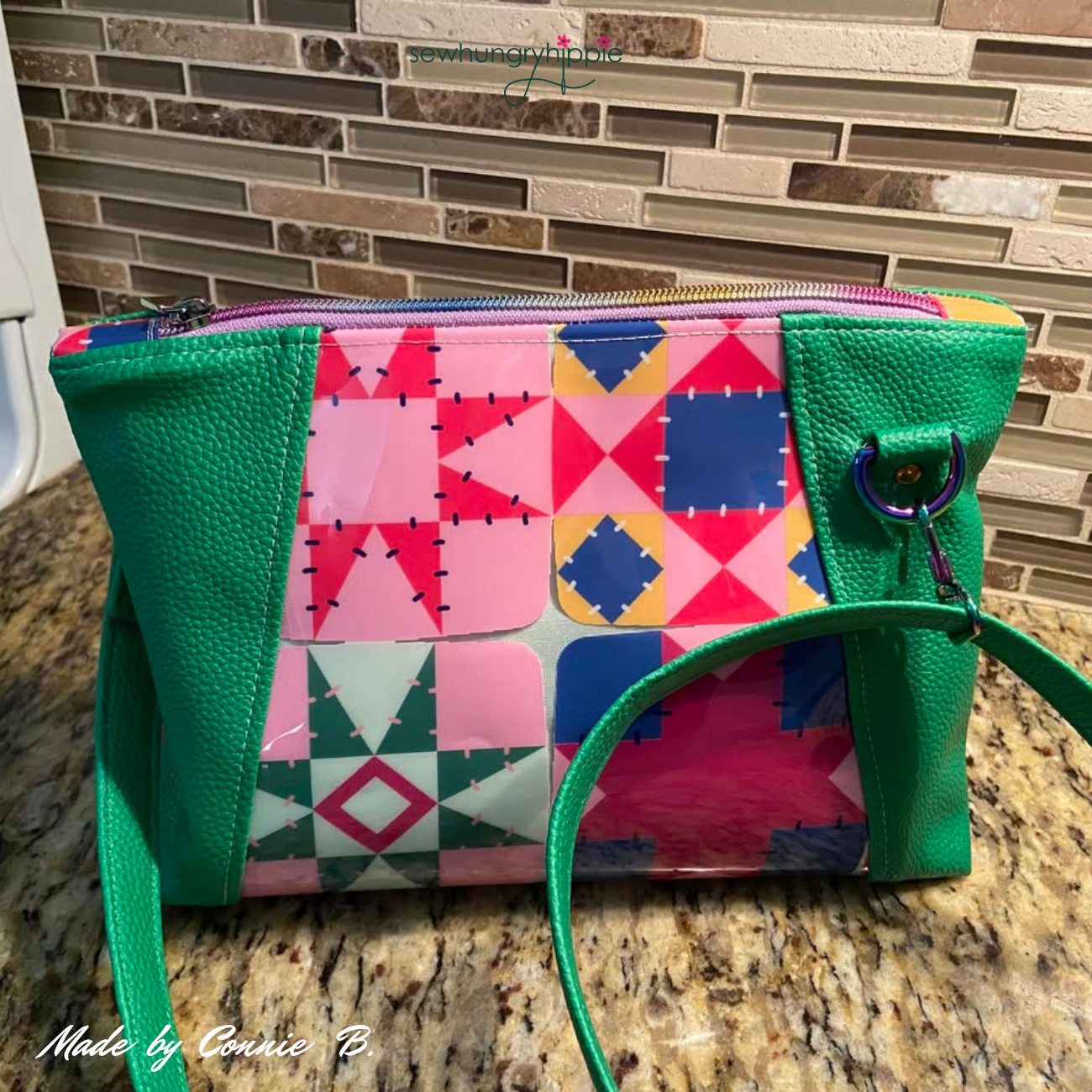 green bag with quilt blocks print TPU vinyl 