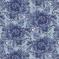 Monochromatic toile-style floral fabric showcasing detailed, sketchy illustrations of large cabbage roses and flying butterflies in shades of deep sapphire and navy blue over a soft slate blue background.