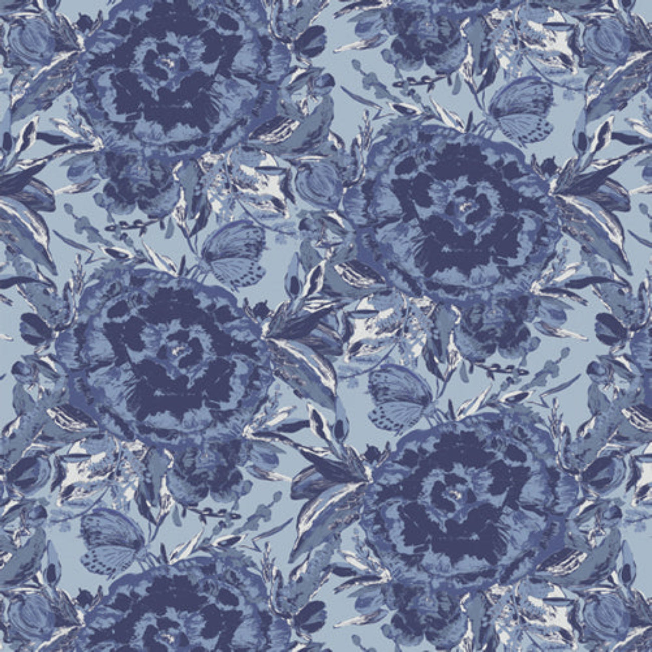 Monochromatic toile-style floral fabric showcasing detailed, sketchy illustrations of large cabbage roses and flying butterflies in shades of deep sapphire and navy blue over a soft slate blue background.