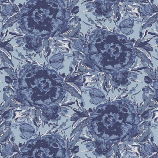 Monochromatic toile-style floral fabric showcasing detailed, sketchy illustrations of large cabbage roses and flying butterflies in shades of deep sapphire and navy blue over a soft slate blue background.