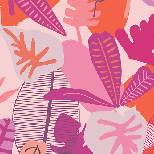 Colorful abstract pattern with leaves on a light pink background