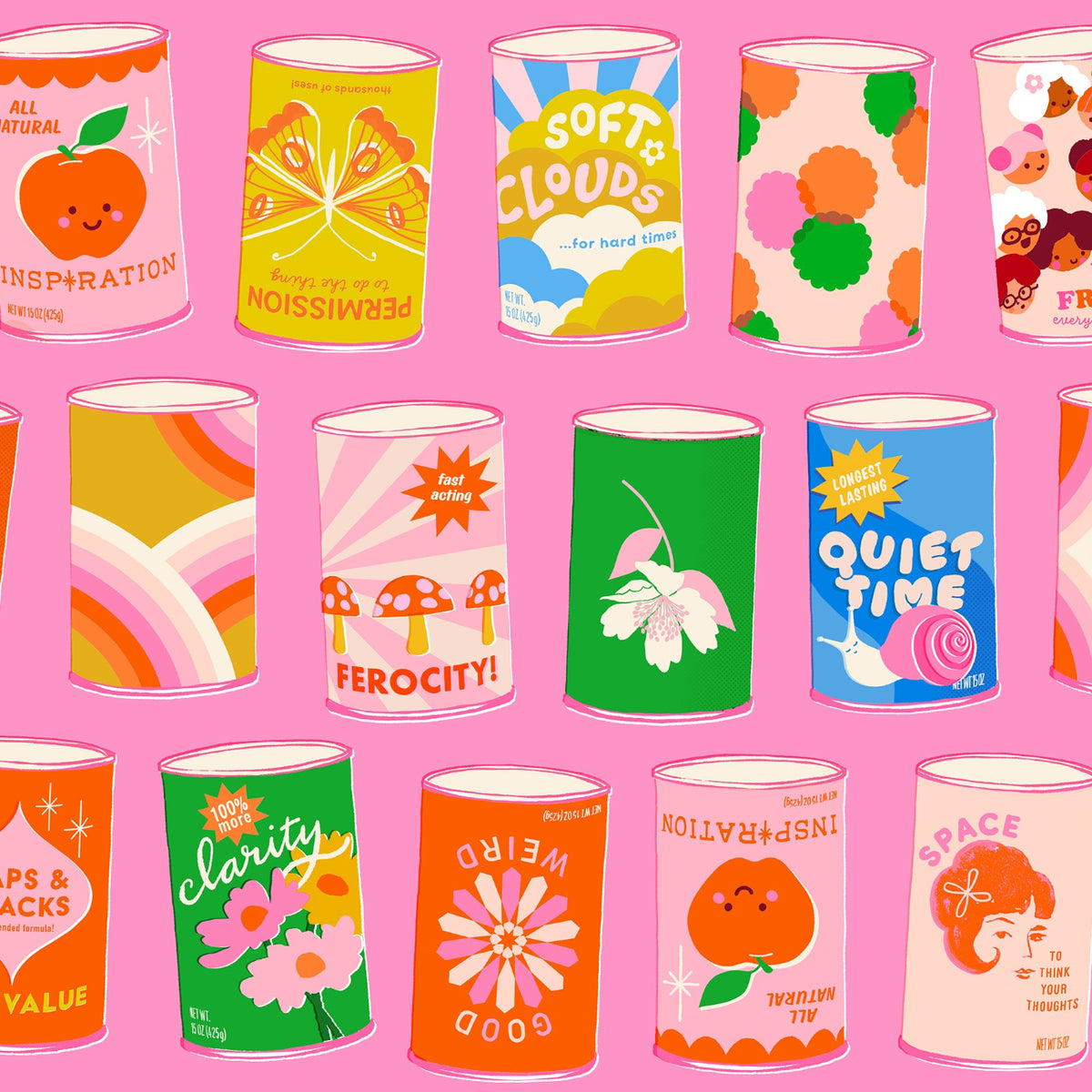 Flamingo pink vintage cans novelty quilting cotton fabric from Sparkle Mart by Melody Miller