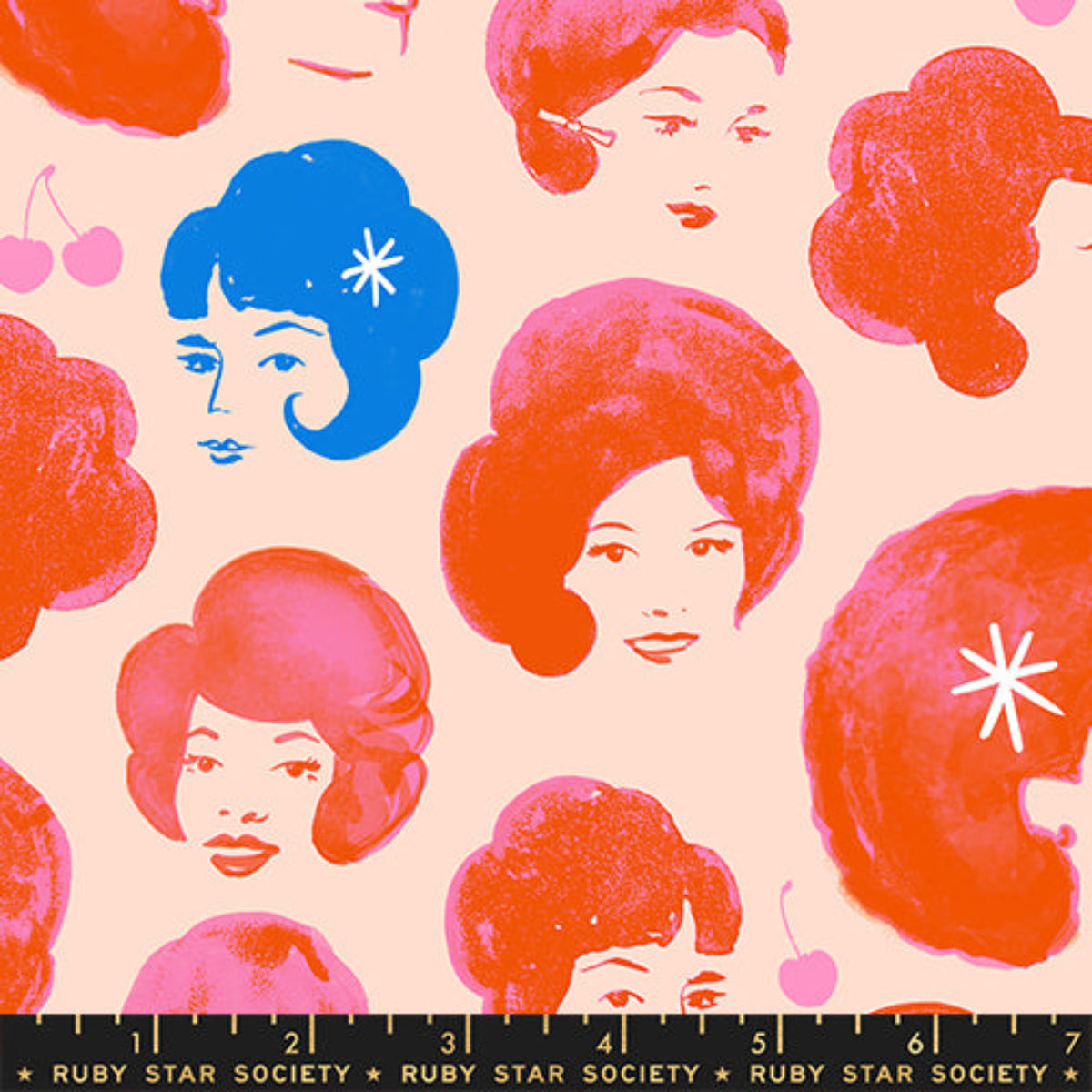 Peach blossom quilting cotton fabric with retro illustrated ladies from Sparkle Mart by Melody Miller