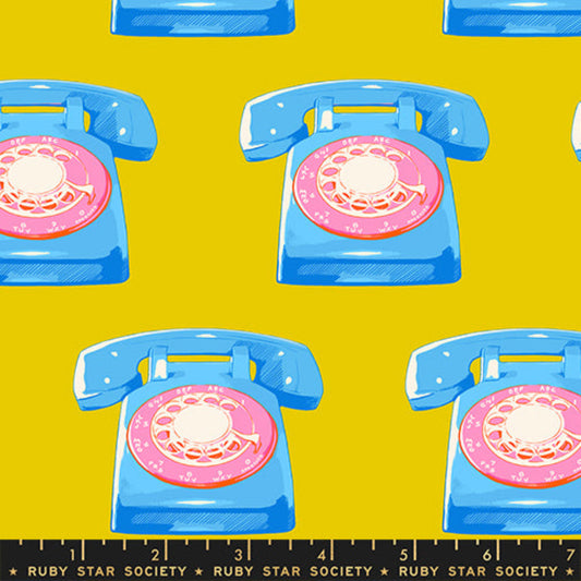 Golden yellow quilting cotton fabric with vintage telephone illustrations from Sparkle Mart by Melody Miller