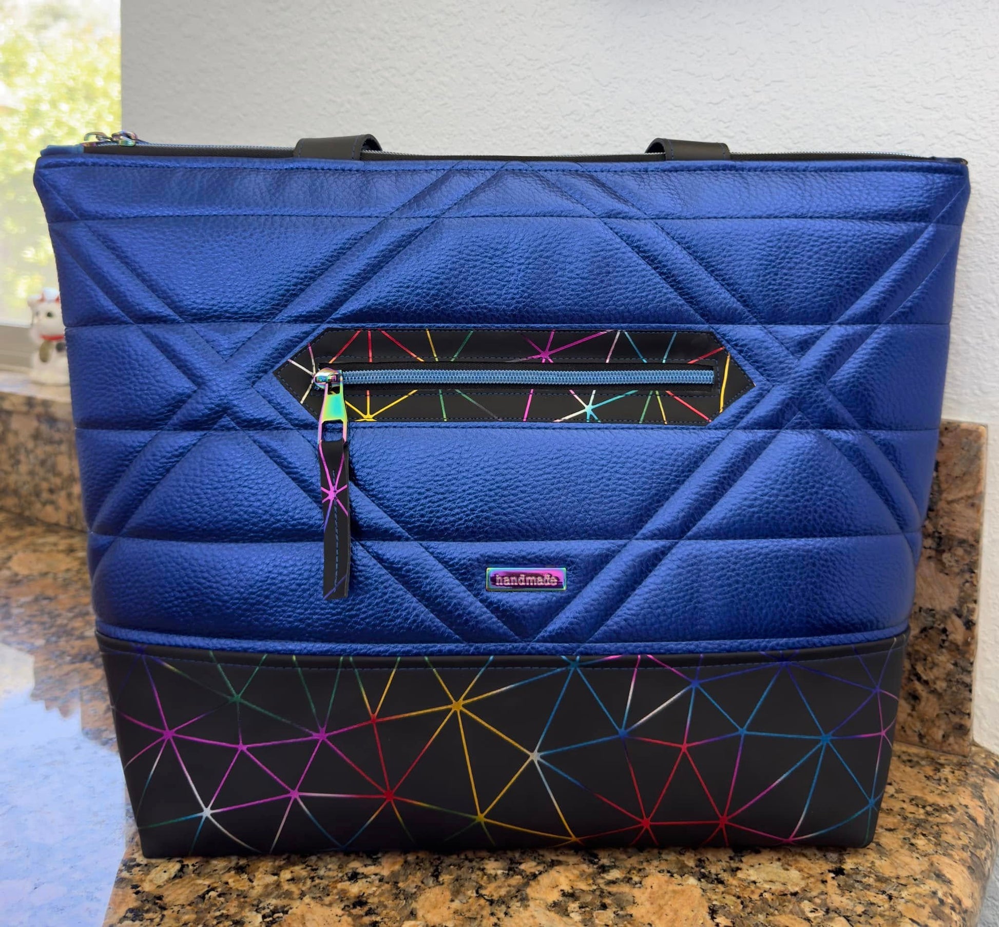 Blue Tote Bag with Structured Bottom Made with Rainbow Geometric Vinyl Black