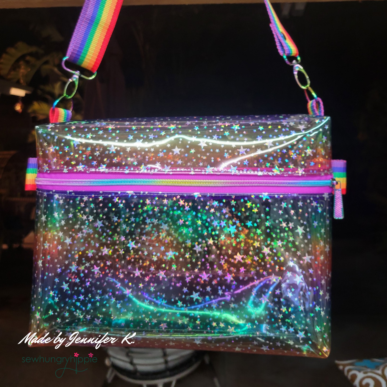 DIY rainbow body bag created with rainbow TPU vinyl with silver glitter stars