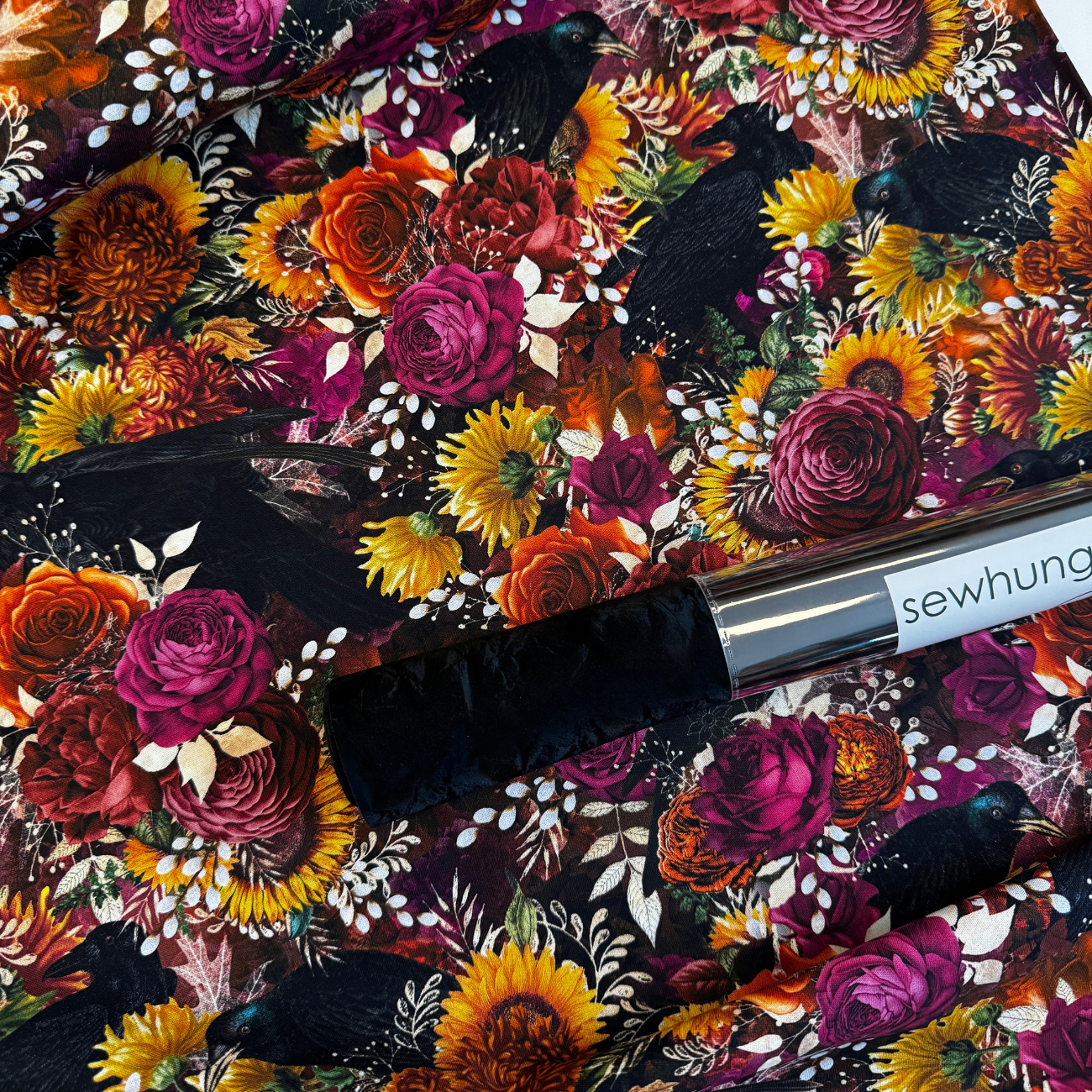 Raven & Floral Fabric Bundle – 1 Yd Robert Kaufman Cotton & 1 Roll Midnight Velveteen Vinyl