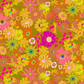 A vibrant retro 1970s floral pattern featuring a dense arrangement of pink, yellow, orange, and green flowers with smiley faces on a mustard yellow background.