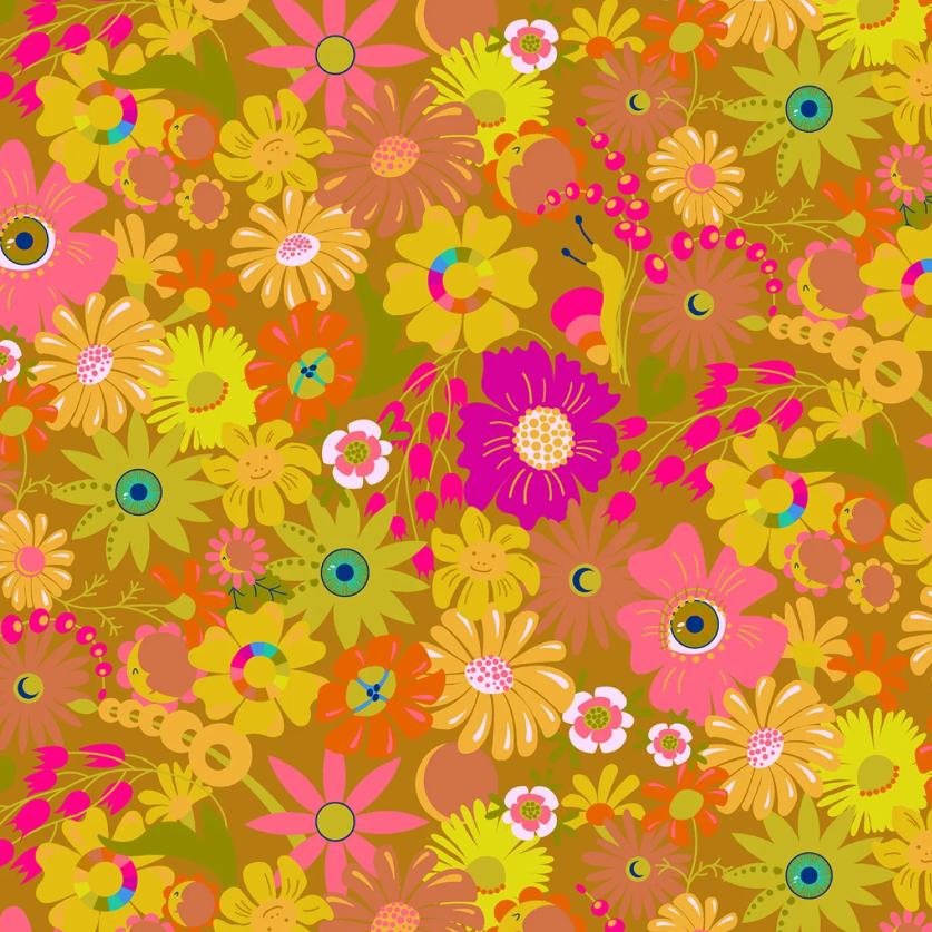 A vibrant retro 1970s floral pattern featuring a dense arrangement of pink, yellow, orange, and green flowers with smiley faces on a mustard yellow background.