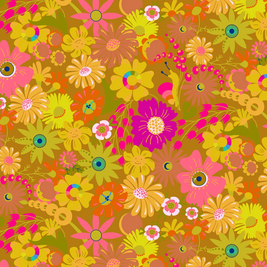 A vibrant retro 1970s floral pattern featuring a dense arrangement of pink, yellow, orange, and green flowers with smiley faces on a mustard yellow background.