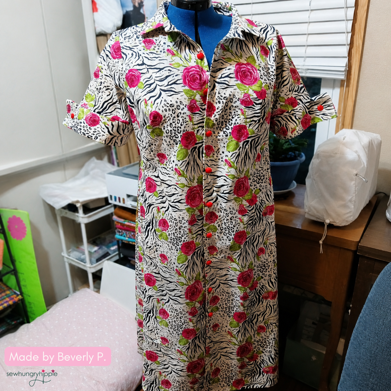 A DIY sewed shirt dress made in sew hungry hippie roses and animal print fabric