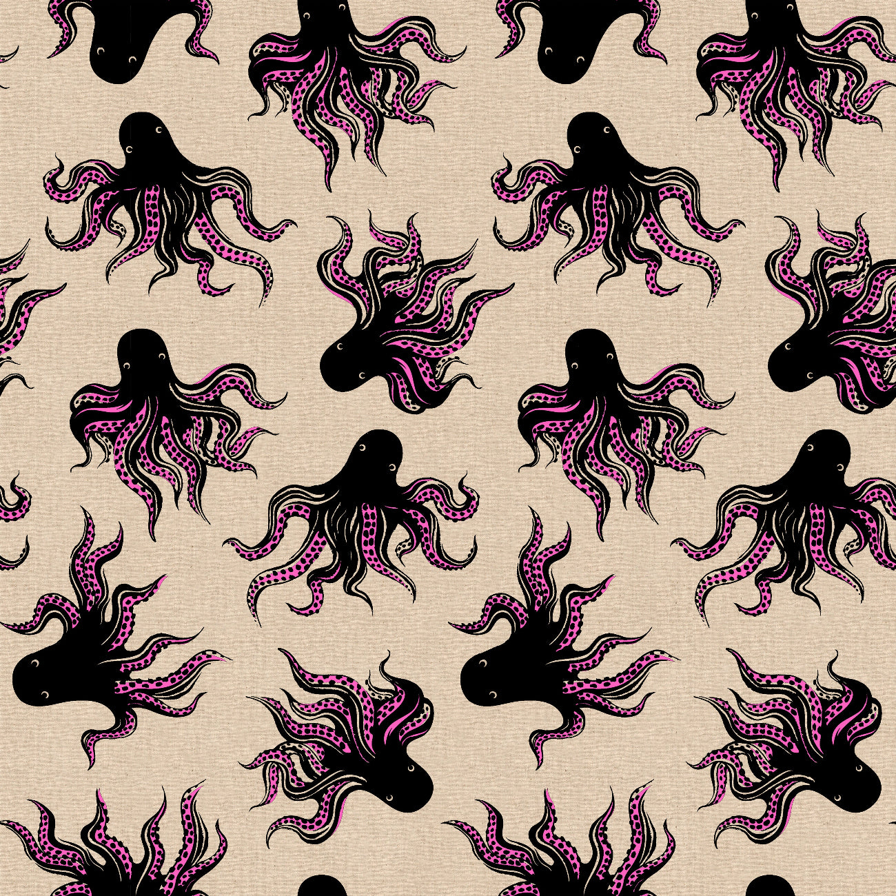 Neon pink mystery food cotton linen canvas fabric with octopus novelty print from Ink Shop by Sarah Watts