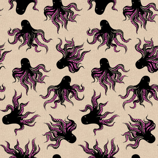 Neon pink mystery food cotton linen canvas fabric with octopus novelty print from Ink Shop by Sarah Watts