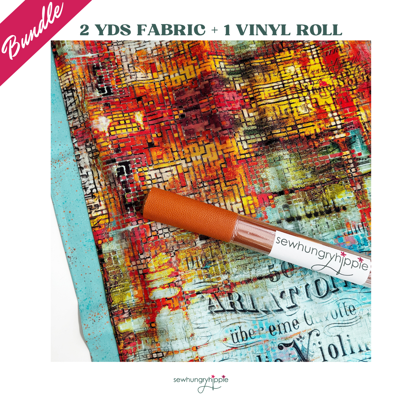 Colorful fabric with a vinyl roll and 'sewhungryhippie' branding on a textured surface.
