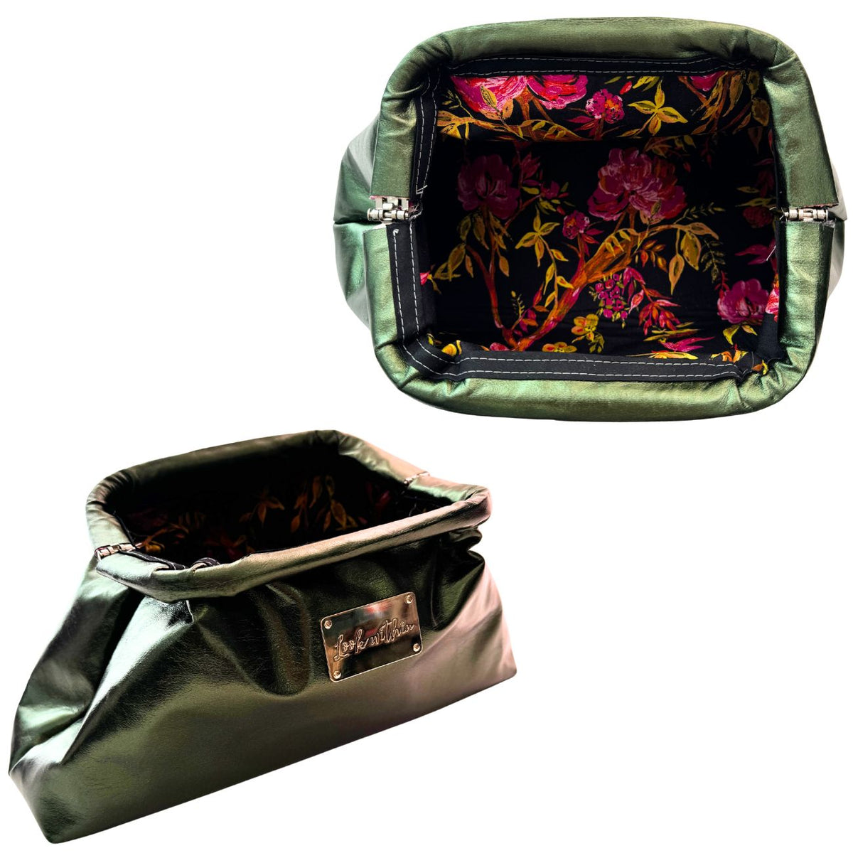 An olive green cosmetic pouch shown from two angles: a top-down view displaying a colorful floral-patterned interior, and a three-quarter view showing a metallic gold brand plaque that reads 'J'adore'.