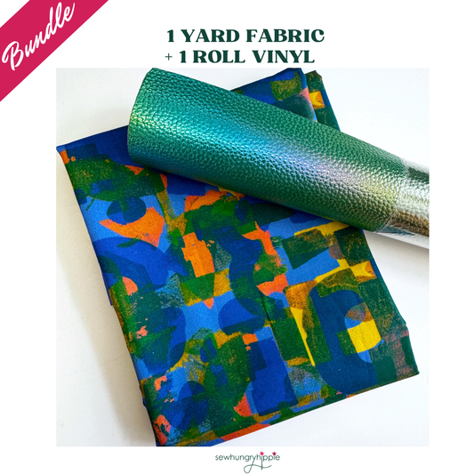 A flat fold of fabric featuring a vibrant abstract pattern in blue, green, and orange, paired with a rolled piece of textured metallic green faux leather or vinyl