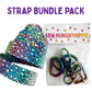 A craft accessory bundle pack featuring a roll of leopard print elastic ribbon in multiple colors and a clear bag of iridescent metal carabiners, with purple text reading 'STRAP BUNDLE PACK' at the top.