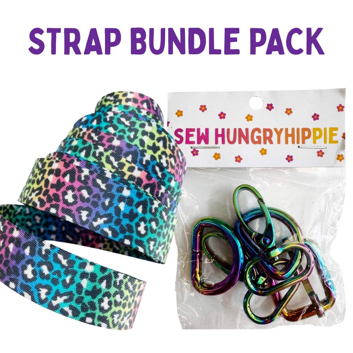 A craft accessory bundle pack featuring a roll of leopard print elastic ribbon in multiple colors and a clear bag of iridescent metal carabiners, with purple text reading 'STRAP BUNDLE PACK' at the top.