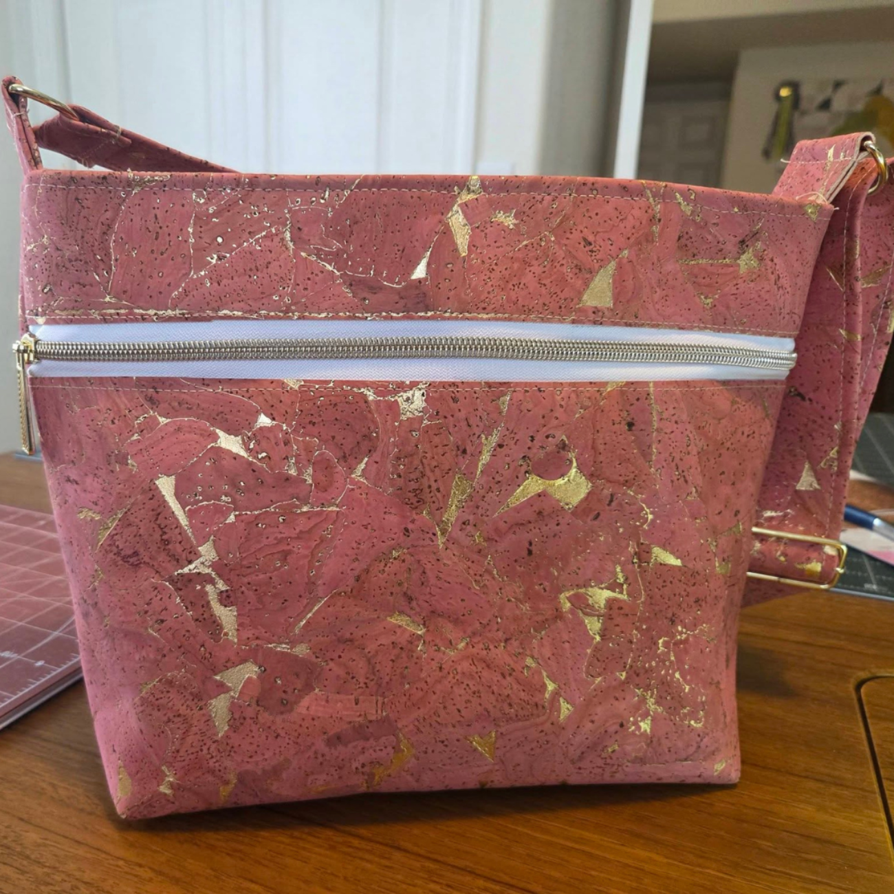 Pink salmon premium cork roll with gold details perfect for bag making
