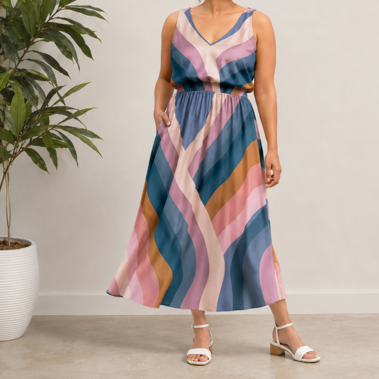 Front view of a woman wearing a V-neck midi dress sewn from Ruby Star Society's Daydream Rayon Geometric fabric in Pale Twilight. The dress features an elastic waistband, pockets, and a retro stripe pattern in blue, pink, lavender, and gold.
