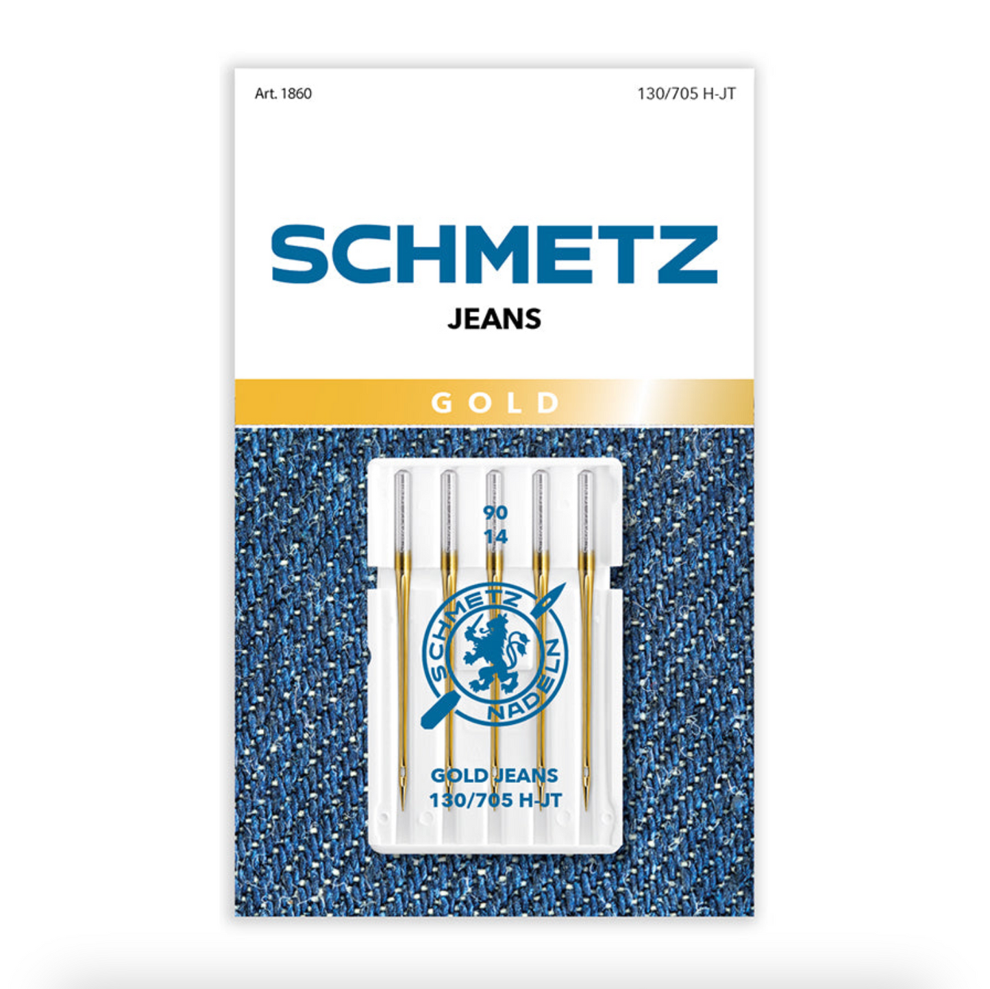 5 pack of Schmetz jeans gold needles on a white background