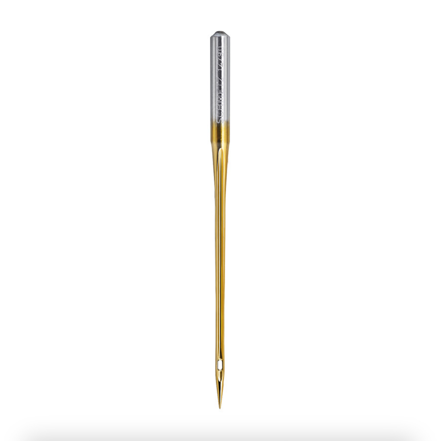 Single Schmetz Gold Jeans Needle on a white background