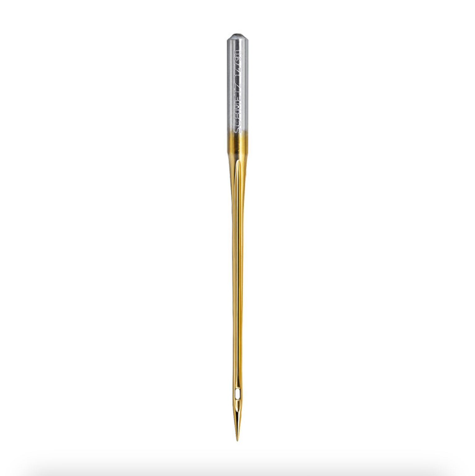 Single Schmetz Gold Jeans Needle on a white background