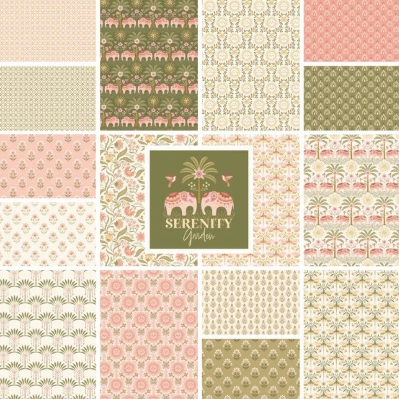Serenity Garden by Cloud9 Fabrics collection featuring 16 coordinating organic cotton fat quarter prints in soft pink, sage green, cream, and floral designs.