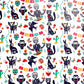 A festive, repeating pattern featuring stylized skeleton figures and animals with sugar skull designs inspired by Día de los Muertos, available as the Fiesta Sugar Skulls Printed Vinyl from Sew Hungryhippie.